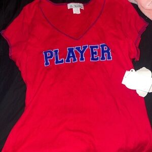 Self Esteem Red Tee with Blue Accents